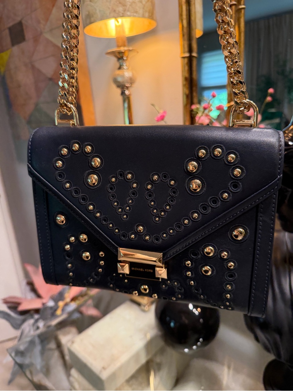 Michael Kors Black Leather Crossbody with Gold Stud Detailing